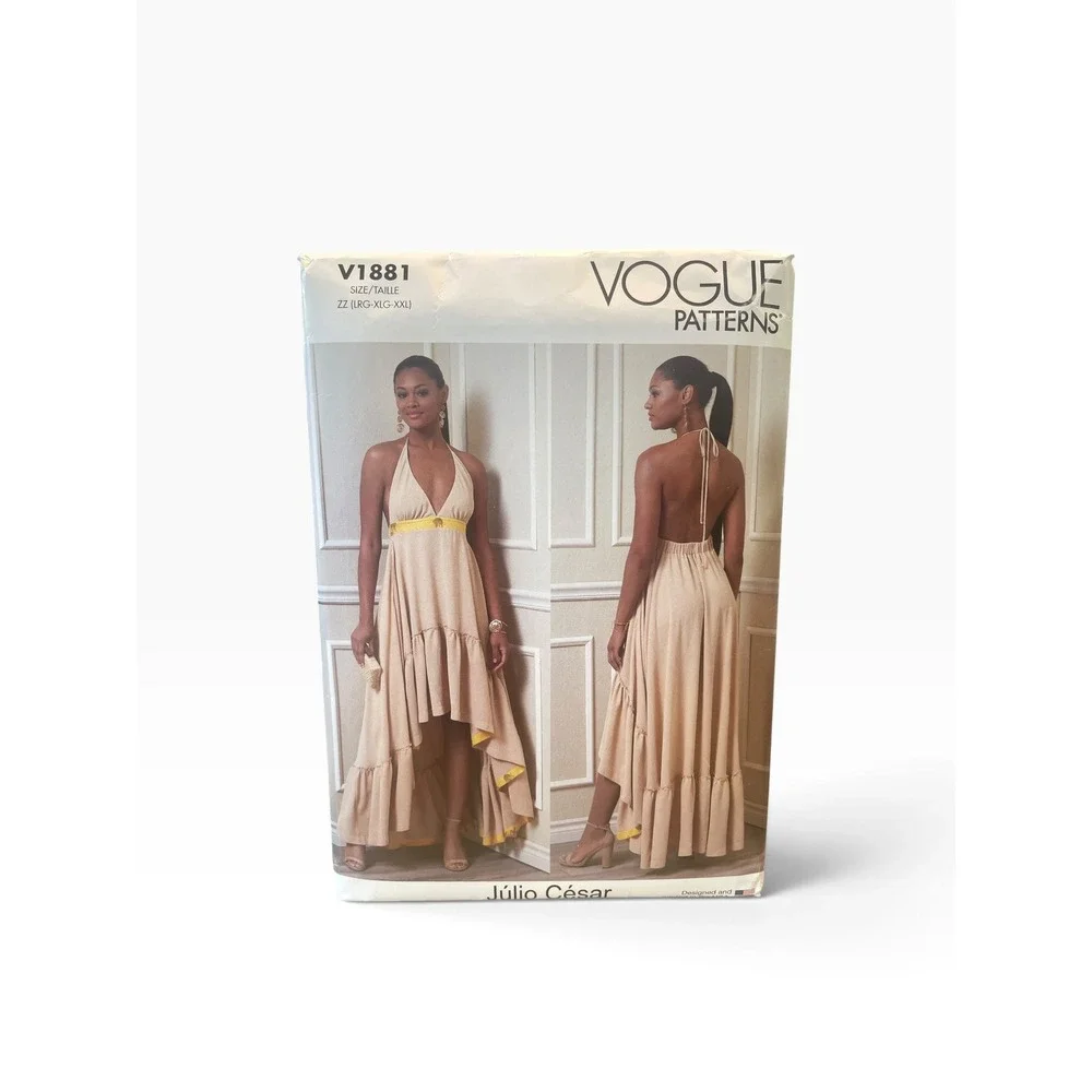 Vogue V1881 Sewing Pattern Women LG-XXL Beige Halter High-Low Dress Julio Cesar